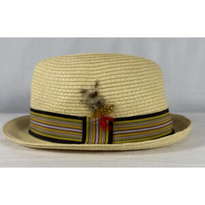 Henschel Medium‎ Natural Straw Fedora Hat With Trim Band Feather USA